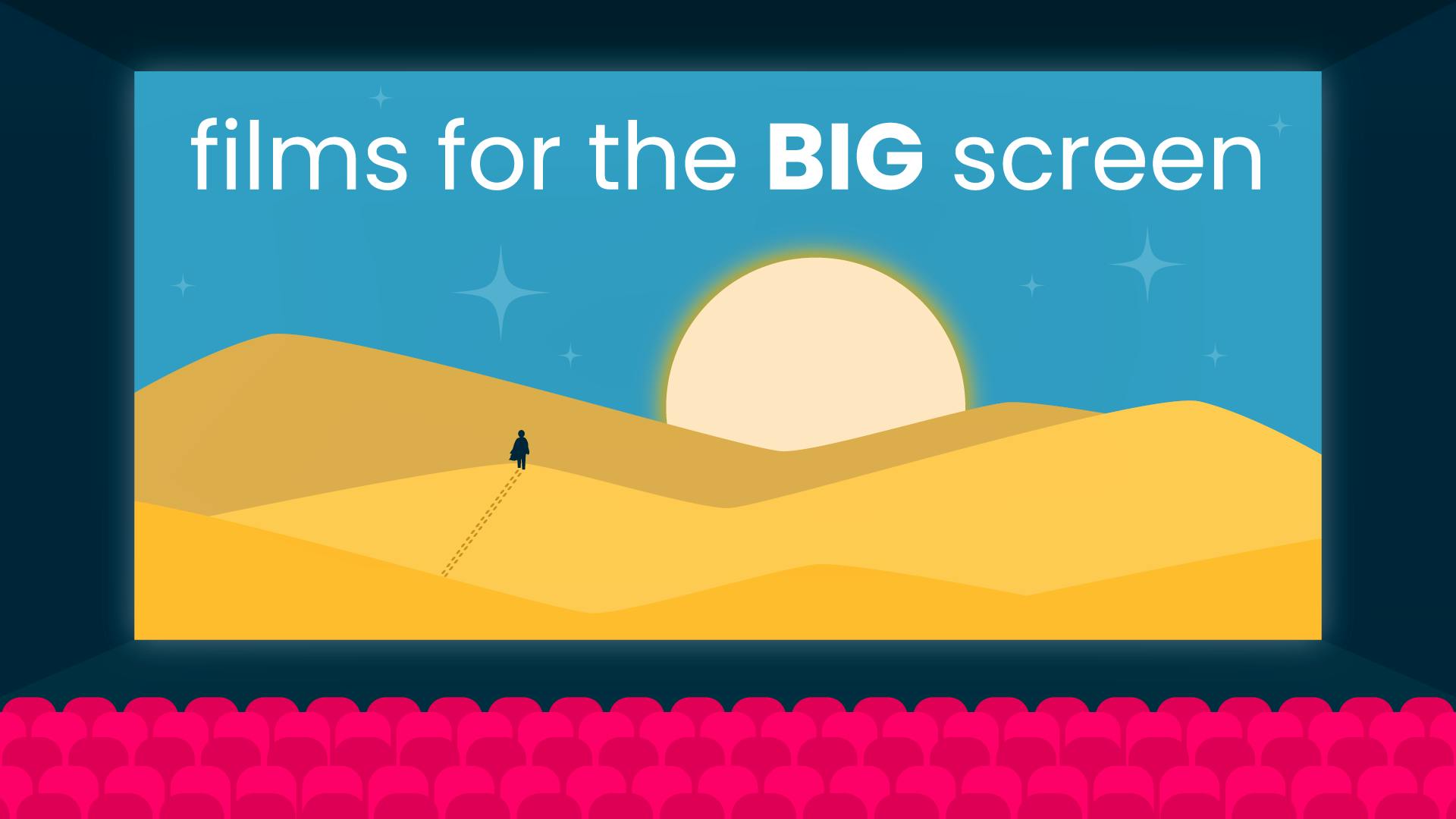 A giant cinema screen showing the movie Dune to an empty theatre.